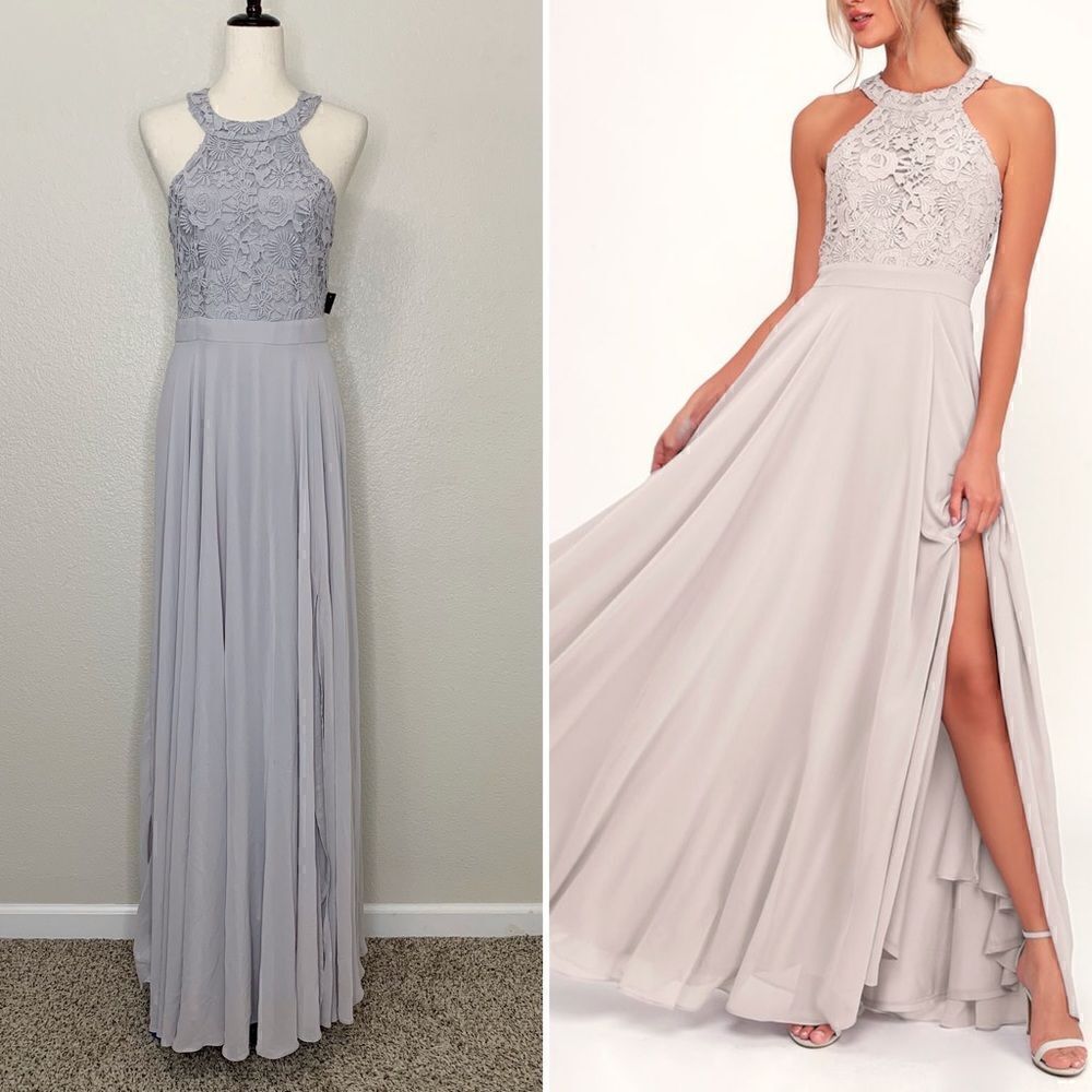 Lulu’s Picture Perfect Light Grey Lace Maxi Dress